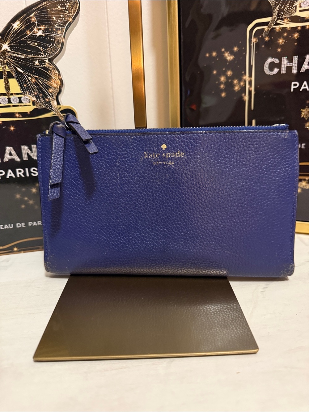 Kate Spade Royal Blue Pebbled Leather Double Zip Wallet